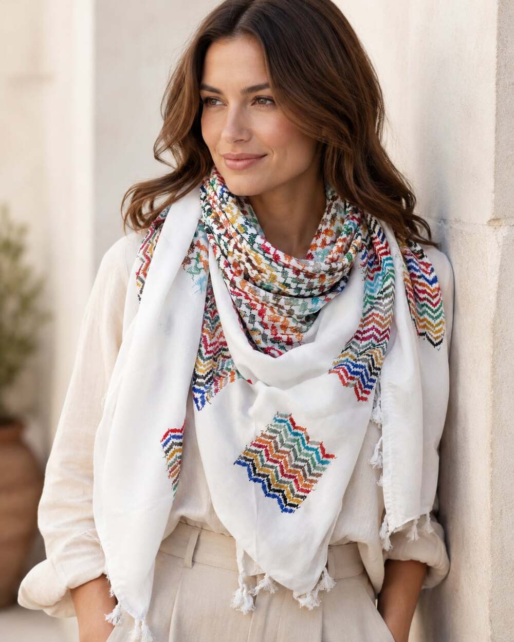 Authentic Palestinian Keffiyeh Scarf with Rainbow Chevron Pattern - Picture 3 of 5